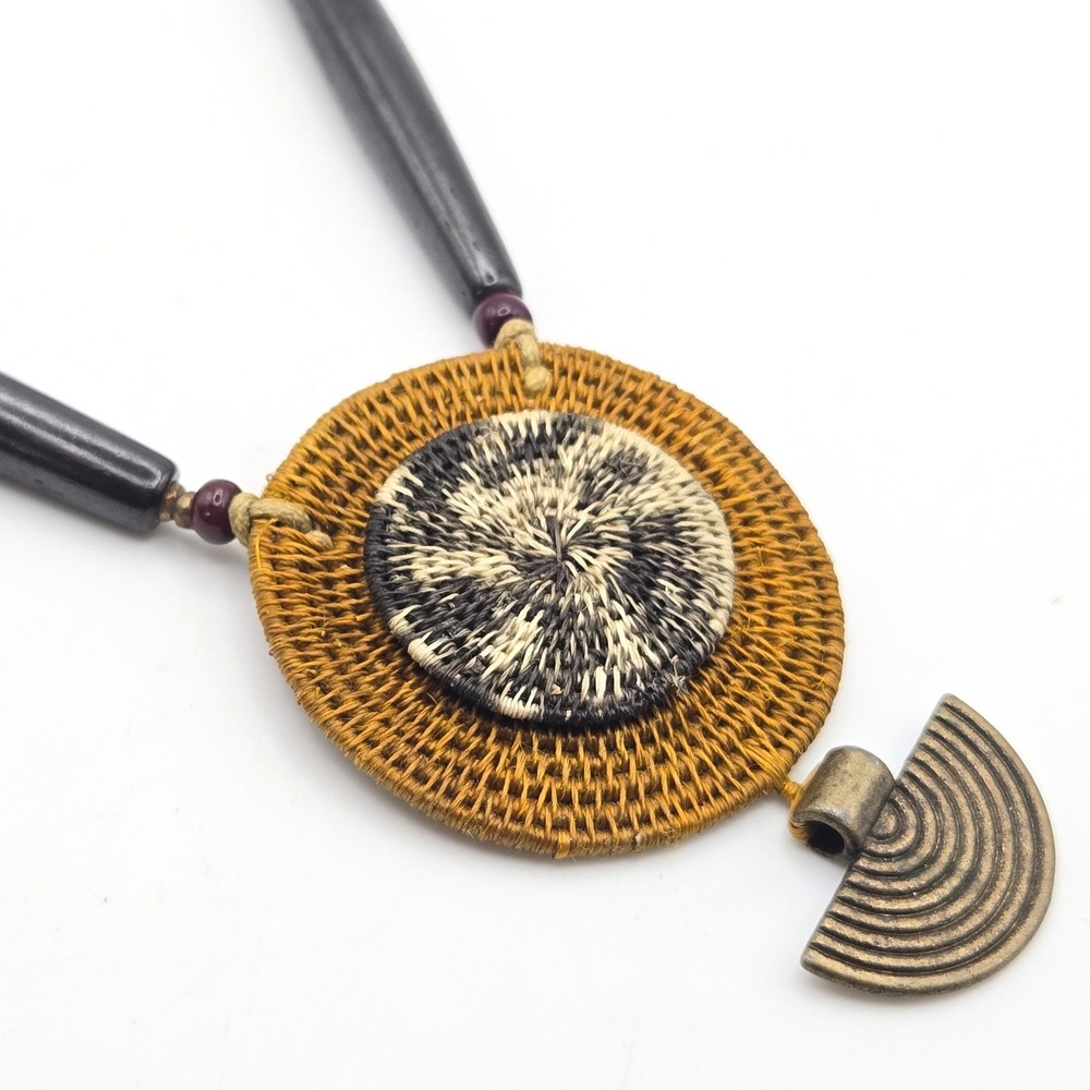 Artisan Woven Raffia‎ Pendant Necklace Boho Tribal Mixed Media Brass Bovine Bone